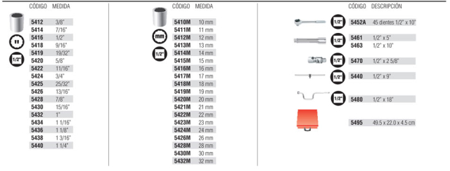JUEGO URREA DE DADOS Y ACCESORIOS 12 PUNTAS 1/2" EN CAJA METALICA (43 PZA) (5400SM)