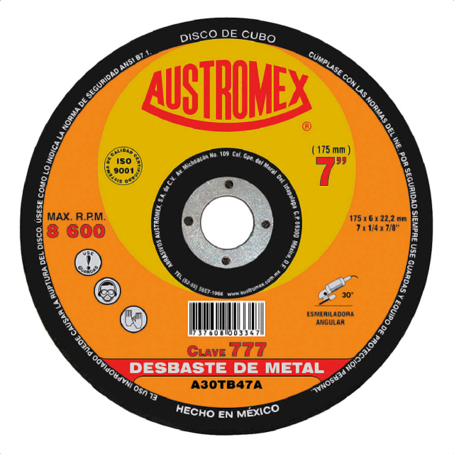 DISCO AUSTROMEX P/DESBASTE DE METAL C/ADAP. P/PULIDOR 7" X 1/4" X 5/8" # -777