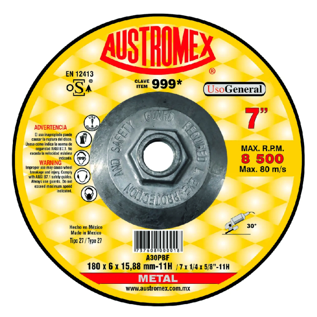 DISCO AUSTROMEX P/DESBASTE DE METAL C/ADAP. P/PULIDOR 7" X 1/4" X 5/8" # -999