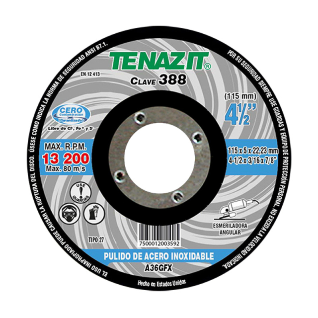 DISCO TENAZIT P/PULIDO DE INOX. P/PULIDOR G-36 4-1/2" X 3/16" X 7/8" # 388