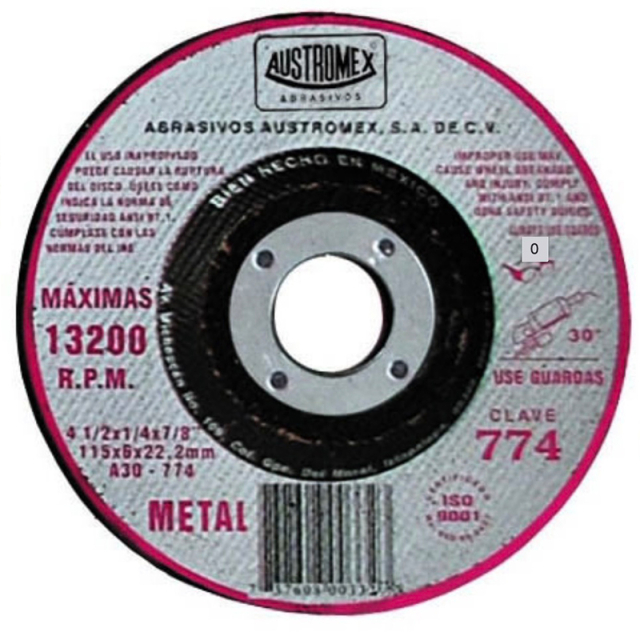 DISCO AUSTROMEX P/DESBASTE DE METAL P/PULIDOR 4-1/2" X 1/4" X 7/8" # 774