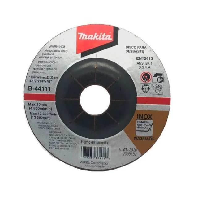 DISCO MAKITA P/DESBASTE DE INOX. 4-1/2" X 1/4" X 7/8"  # A80868 / B44111