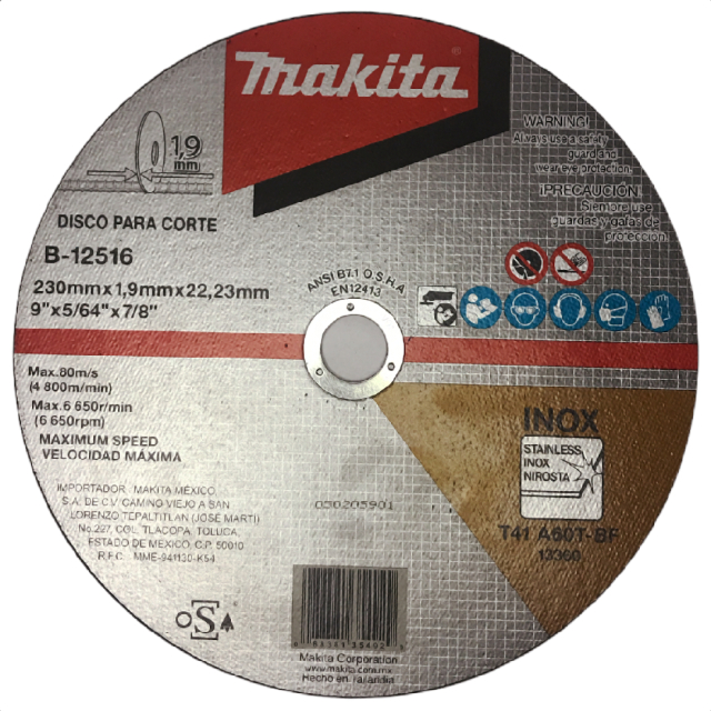 DISCO MAKITA P/CORTE DE INOX.  9" X 5/64" X 7/8" # B12516