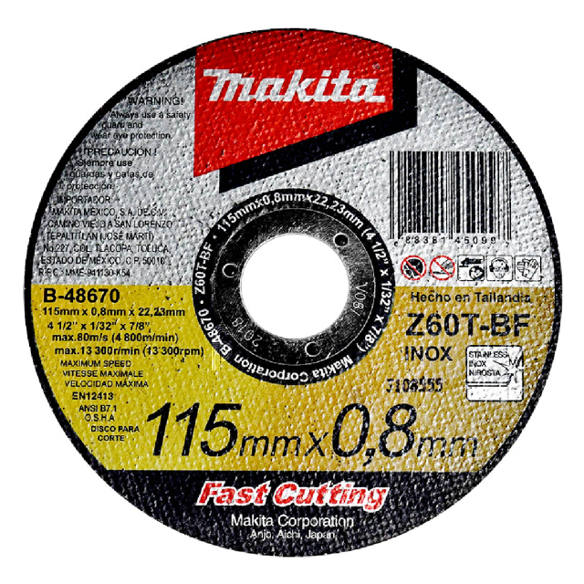 DISCO MAKITA P/CORTE DE INOX. 4-1/2" X 3/64" X 7/8" # E-11841 / B48670