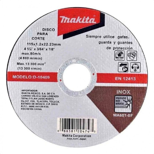 DISCO MAKITA P/CORTE DE INOX. 4-1/2" X 3/64" X 7/8" # D18409