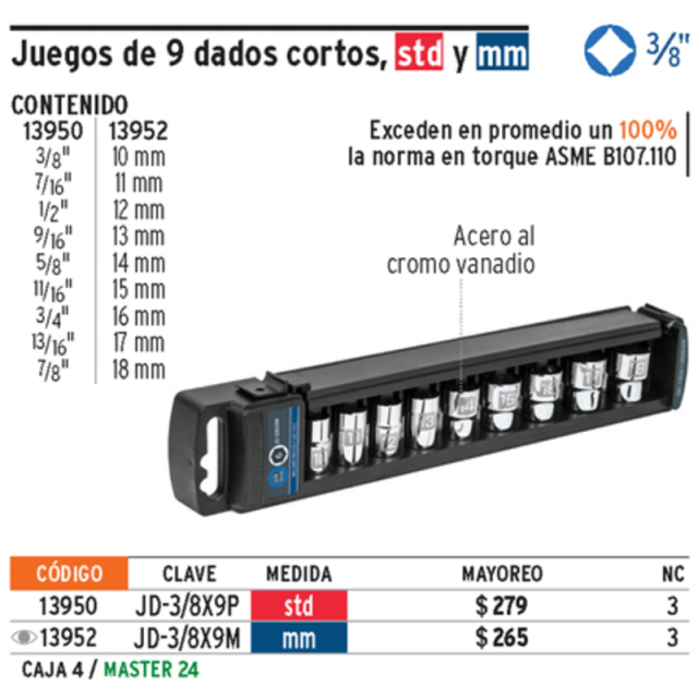 JUEGO TRUPER DE DADOS CORTOS MILIMETRICOS HEXAGONAL 3/8, 9PZAS (13952)( JD-3/8X9M)