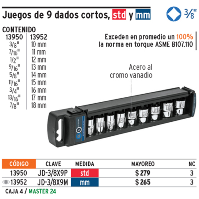 JUEGO TRUPER DE DADOS CORTOS STD HEXAGONAL 3/8, 9PZAS (13950)( JD-3/8X9P)