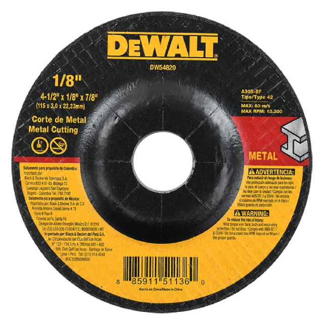 DISCO DEWALT P/CORTE DE METAL  4-1/2" X 7/8" X 1/8" (DW54820)