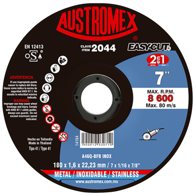DISCO AUSTROMEX P/CORTE DE METAL E INOX. P/ESMERIL 7" X 1/16" X 7/8" # 2044